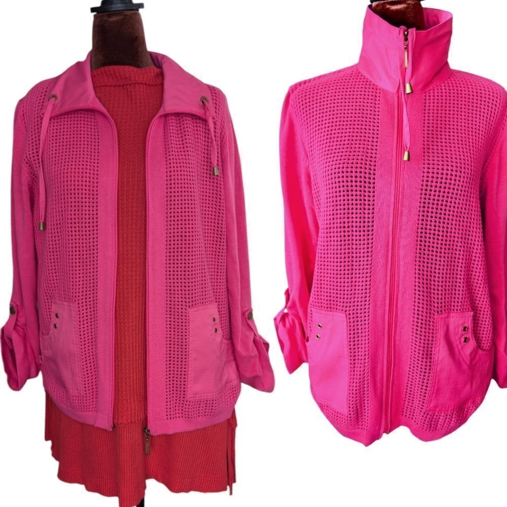 Nwot Fuchia Pink 💯% Cotton Knit Mech Cardigan Jacket with Pocket Detail Size Mp